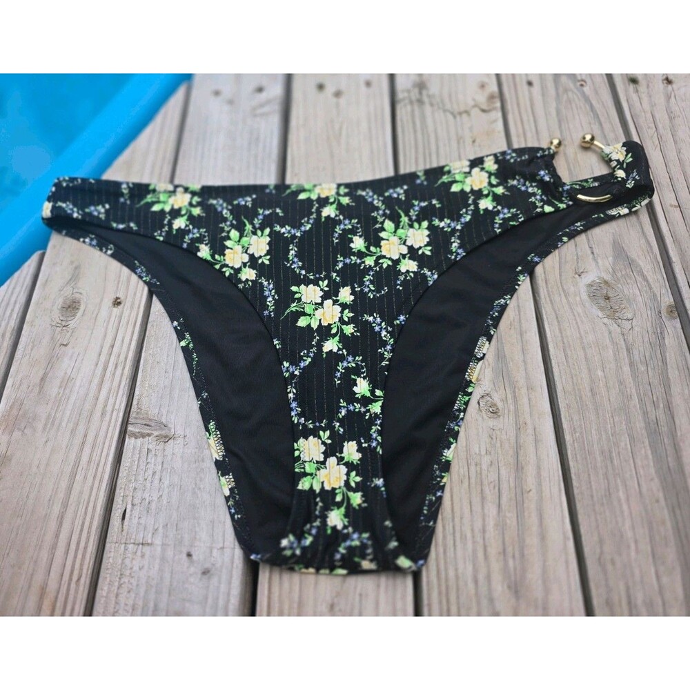 Women's NWT Aeri Black Floral Bikini Bottoms Gold Accent Size XXL